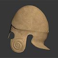 Golden Vintage Helmet Sculpture With Detailed Carving Patterns And Reflective Base