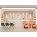 Elegant Modern Beauty Hair Salon Interior With Orange Chairs Green Table And Shelves