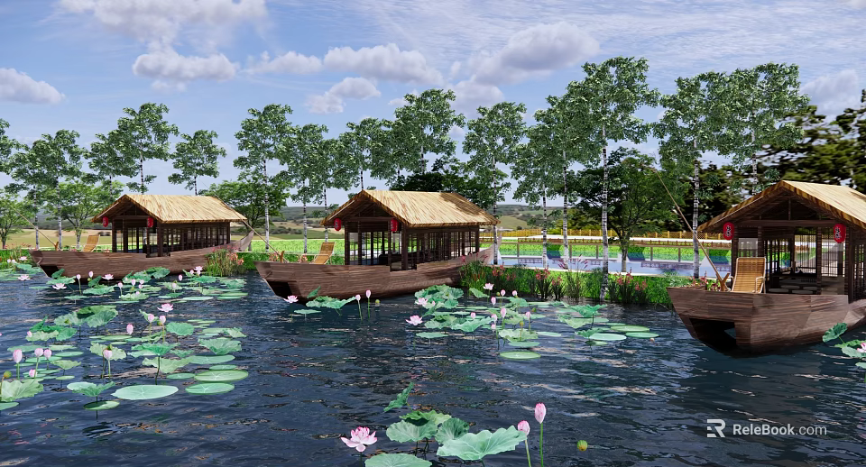 Picturesque Waterfront Landscape With Lotus Leaves Flowers Thatched Pavilions And Lush Trees 3d model 