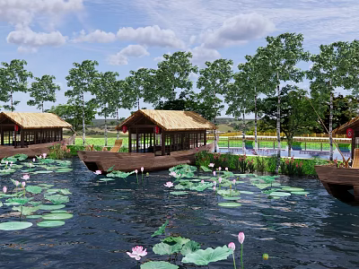 Picturesque Waterfront Landscape With Lotus Leaves Flowers Thatched Pavilions And Lush Trees 3d model