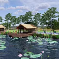 Picturesque Waterfront Landscape With Lotus Leaves Flowers Thatched Pavilions And Lush Trees
