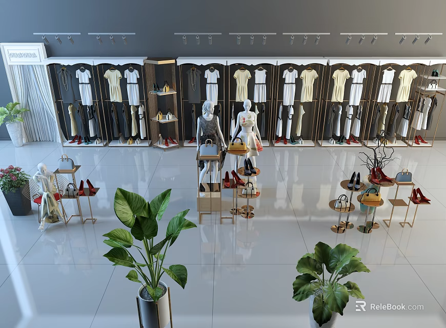 Modern Clothing Store Display Shelves With Hanging Clothes Mannequins Shoes And Green Plants 3d model 