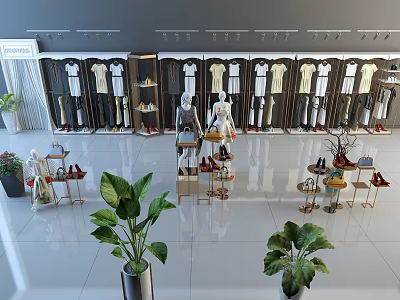 Modern Clothing Store Display Shelves With Hanging Clothes Mannequins Shoes And Green Plants 3d model