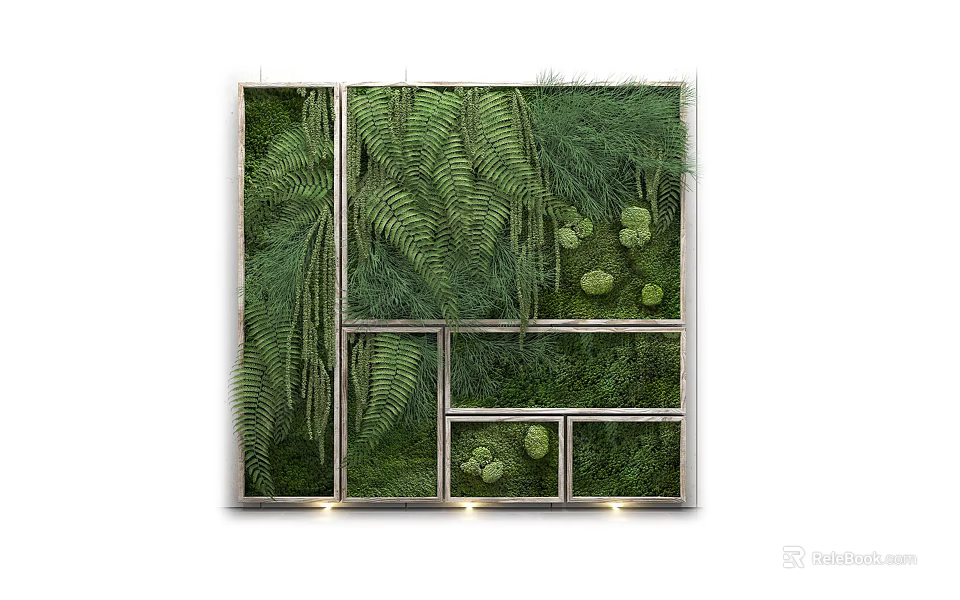 Living Plant Wall with Mixed Greenery Metal Frame and Accent Lighting Design 3d model 