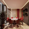 Private Dining Box Modern Interior With Round Table Red Chairs Large Windows And Green Plants 3d model