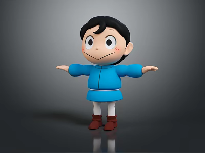 3D Cartoon Man With Black Hair Blue Jacket White Pants And Arms Outstretched 3d model