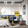 Cheerful Kids Room With Bed Stuffed Toys Desk Chair Round Mirror Artwork And Pendant Lights