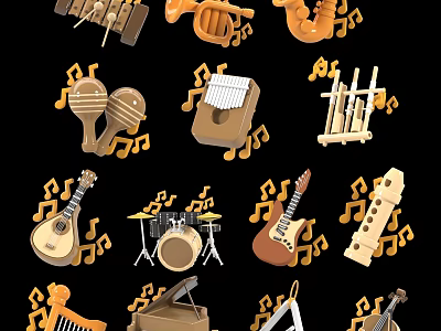 Set of Various Musical Instruments with Music Notes Guitar Drum and Piano 3d model