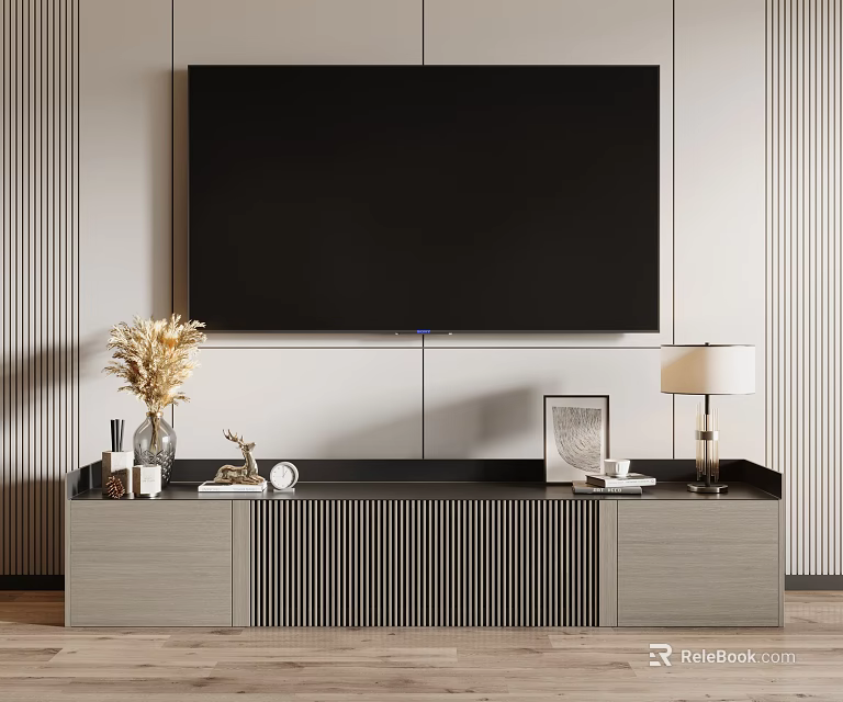 Modern TV Stand Design With Dried Flowers Table Lamp Photo Frame And Decorative Items 3d model 