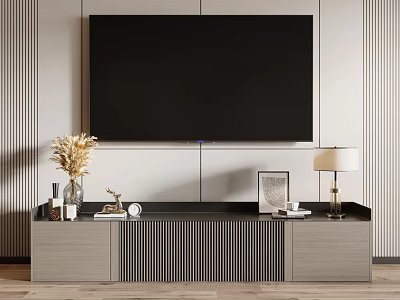 Modern TV Stand Design With Dried Flowers Table Lamp Photo Frame And Decorative Items 3d model