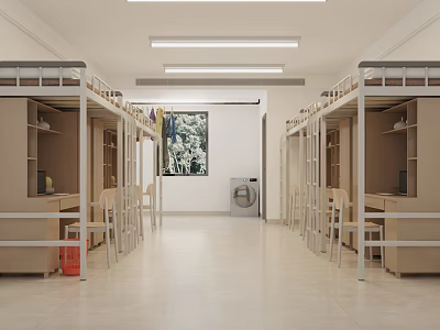 Spacious Dormitory Interior With Bunk Beds Desks Chairs And Washing Machine 3d model