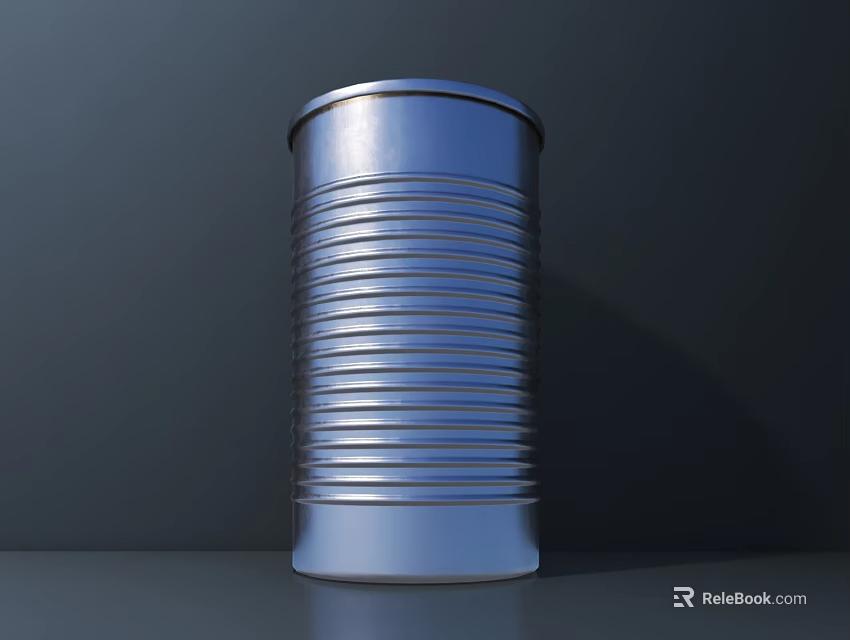 Shiny Silver Ribbed Cylindrical Metal Can On Dark Tabletop Surface 3d model