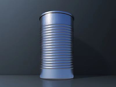 Shiny Silver Ribbed Cylindrical Metal Can On Dark Tabletop Surface 3d model