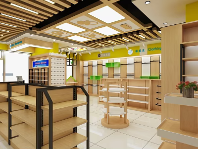 Well Organized Store Interior With Wooden Shelves Yellow Walls Bright Lighting And Category Sections 3d model