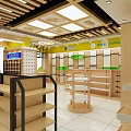 Well Organized Store Interior With Wooden Shelves Yellow Walls Bright Lighting And Category Sections