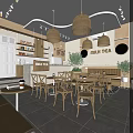 Cozy Café Interior With Wicker Pendant Lights Wooden Tables Milk Tea Sign And Green Plants