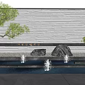 Gray Textured Scenic Wall With Pine Tree Water Basin Fountains And Stones