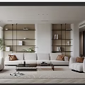 Modern Living Room Interior With White Sofa Brown Cushions Bookshelves And Green Plant