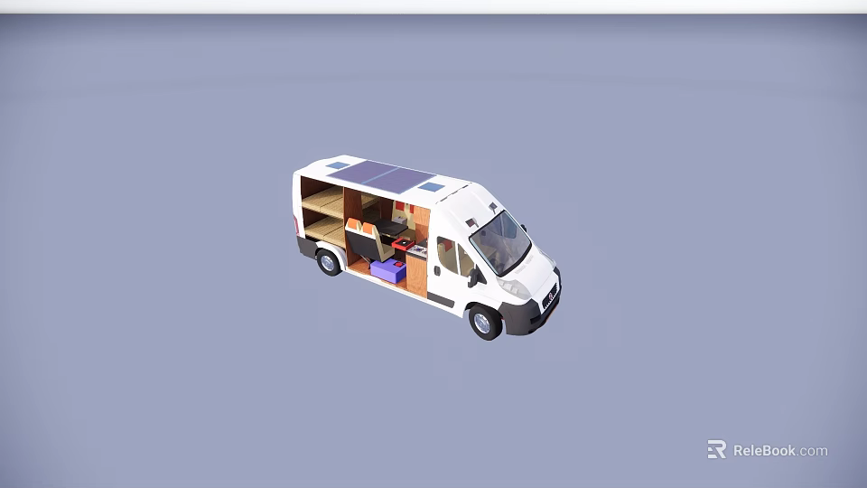White Camper Van Conversion With Solar Panels And Interior Living Space With Bed And Storage 3d model 