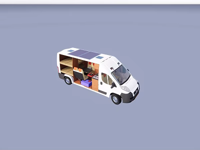 White Camper Van Conversion With Solar Panels And Interior Living Space With Bed And Storage 3d model