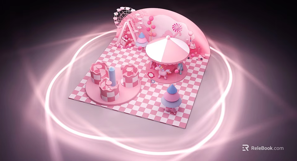 Pink Themed Photo Spot With Checkered Floor Carousel Elements And Candy Decorations 3d model 