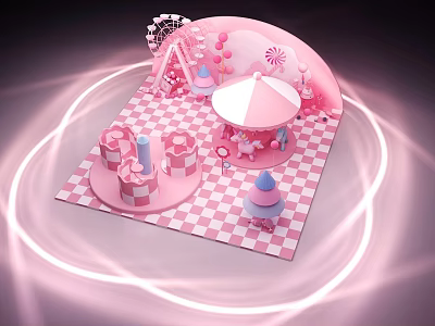 Pink Themed Photo Spot With Checkered Floor Carousel Elements And Candy Decorations 3d model