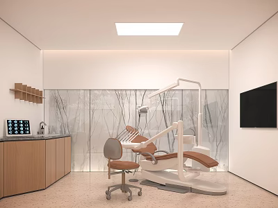 Modern Hospital Clinic Interior Featuring Dental Treatment Chair Medical Equipment Glass Partition And Wooden Cabinets 3d model