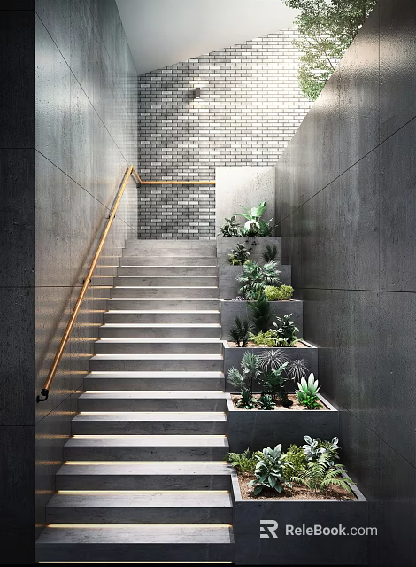 Modern Staircase with Concrete Walls Brick Wall Background Orange Handrail and Multi Level Green Plants 3d model 
