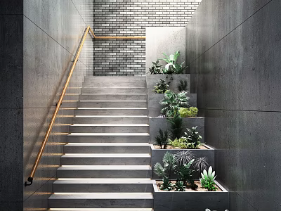 Modern Staircase with Concrete Walls Brick Wall Background Orange Handrail and Multi Level Green Plants 3d model
