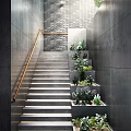 Modern Staircase with Concrete Walls Brick Wall Background Orange Handrail and Multi Level Green Plants