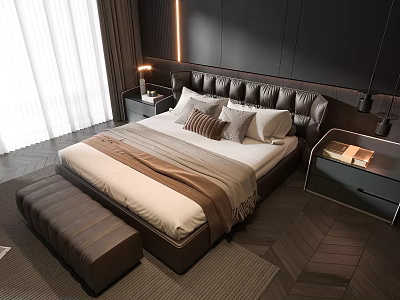 Modern Double Bed With Leather Headboard White Sheets Brown Blanket Bedside Table Lamps Herringbone Floor 3d model