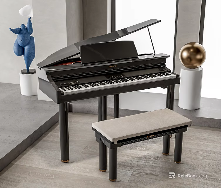 Stylish Black Grand Piano With Open Lid In Modern Interior Design With Bench And Sculpture 3d model 
