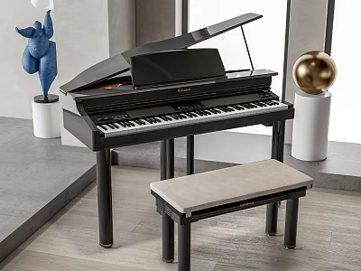 Stylish Black Grand Piano With Open Lid In Modern Interior Design With Bench And Sculpture 3d model