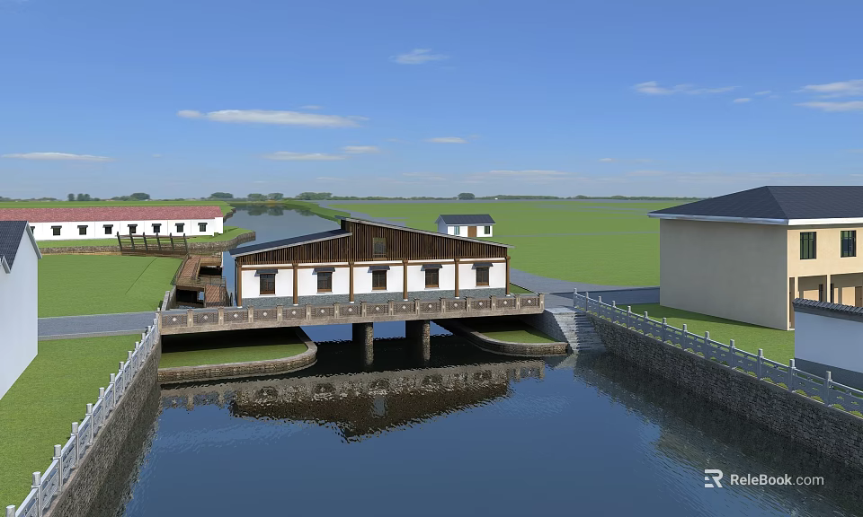 Scenic Riverside Building With White Brown Facade Over River And Green Grass 3d model 