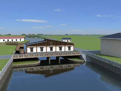 Scenic Riverside Building With White Brown Facade Over River And Green Grass 3d model