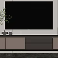 Modern TV Stand With Large Screen TV Decorative Vase Green Plant And White Lamp