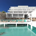 Modern Detached Villa Exterior With Swimming Pool Palm Trees And Lounge Chairs Under Blue Sky
