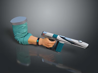 Futuristic Weapon With White Teal Design Held By Hand In Green Sleeve 3d model
