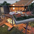 Modern Boutique Villa Architecture With Metal Glass Structure Canopy Roof Outdoor Stairs And Grassland Trees