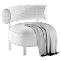 Light Beige Upholstered Leisure Chair With Curved Backrest Wooden Legs And Brown Knitted Blanket