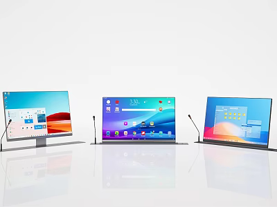 Modern Computer Monitors With Multiple Screen Displays Digital Interface And Application Icons 3d model