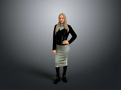 Stylish Woman In Black Leather Jacket And Gray Skirt Standing Against Gray Background 3d model