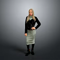 Stylish Woman In Black Leather Jacket And Gray Skirt Standing Against Gray Background