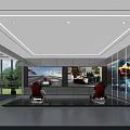 Spacious Modern Car Showroom With White Racing Car Blue Sports Car Large Windows And Furniture