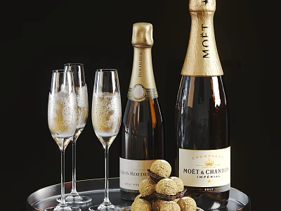 Elegant Champagne Bottles And Fluted Glasses On Tray With Chocolates 3d model