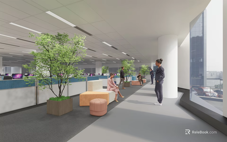 Modern Office Hallway With Indoor Green Plants Seating People And Natural Light 3d model 