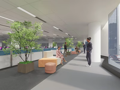 Modern Office Hallway With Indoor Green Plants Seating People And Natural Light 3d model