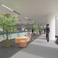 Modern Office Hallway With Indoor Green Plants Seating People And Natural Light