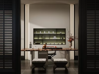 Serene Traditional Tea Room Interior With Wooden Table Display Shelf Tea Sets And Floral Decor 3d model
