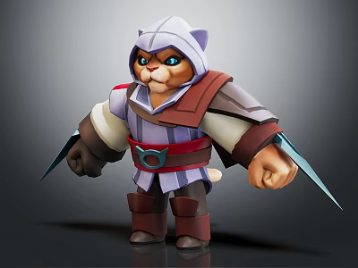 Feline Game and Movie Character in Assassin Style Hooded Armor With Dual Swords 3d model
